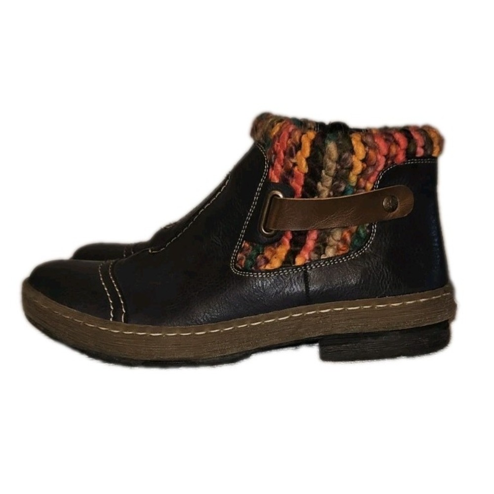 Rieker Felicitas Boots US 10.5 Faux Leather Navy Boho Knit Cuff Ankle Booties
